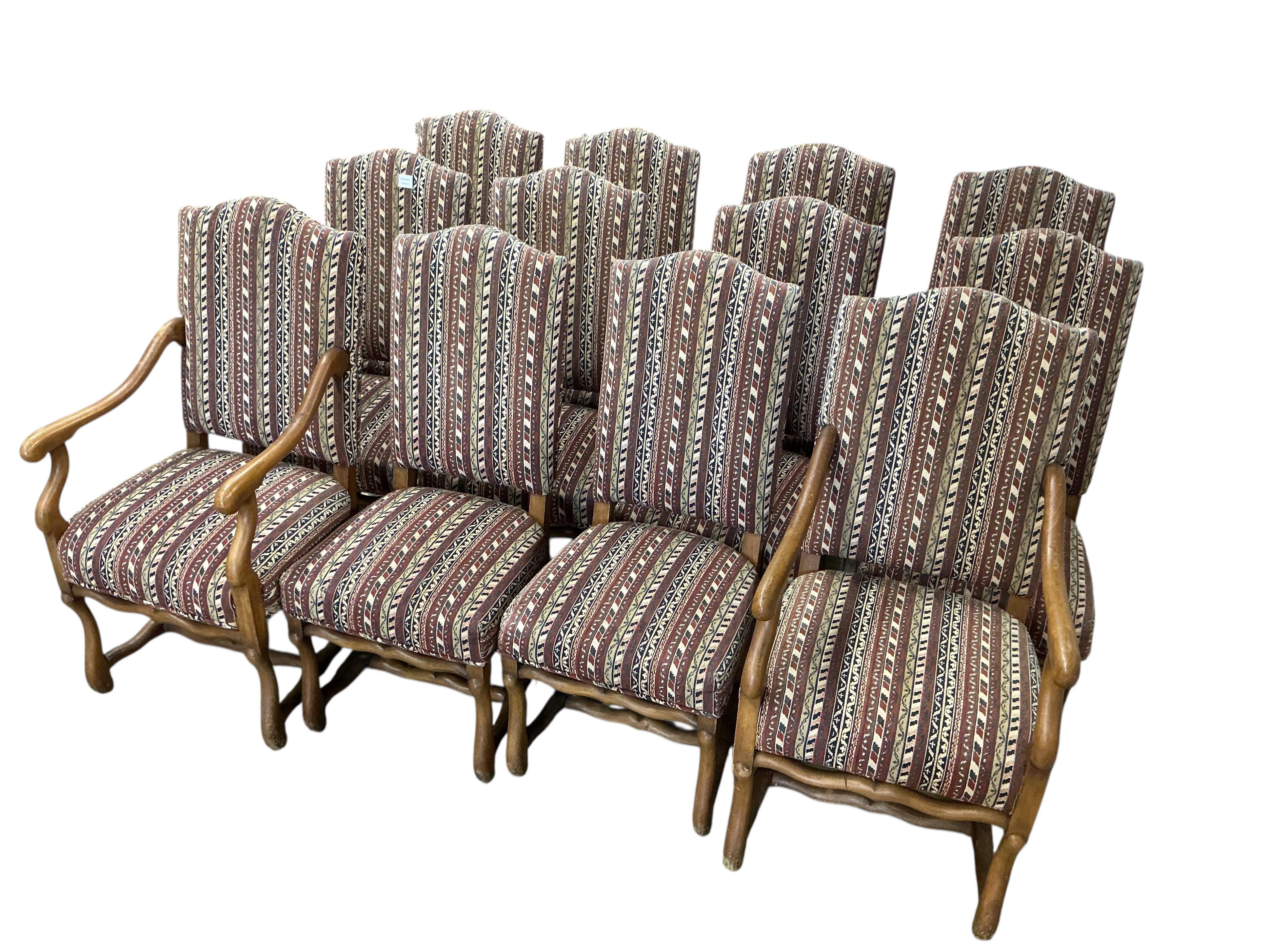A set of twelve Contemporary 18th century style Os de Mouton beech high backed dining chairs with flatweave upholstery, two with arms